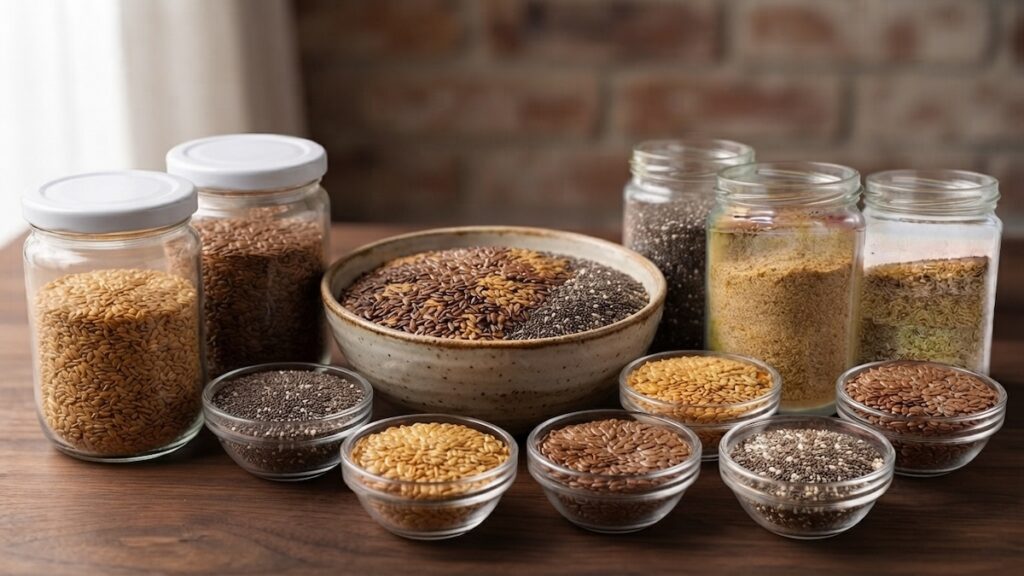 Sementes de linhaça dourada trituradas e sementes de chia hidratadas ao lado de um iogurte natural.