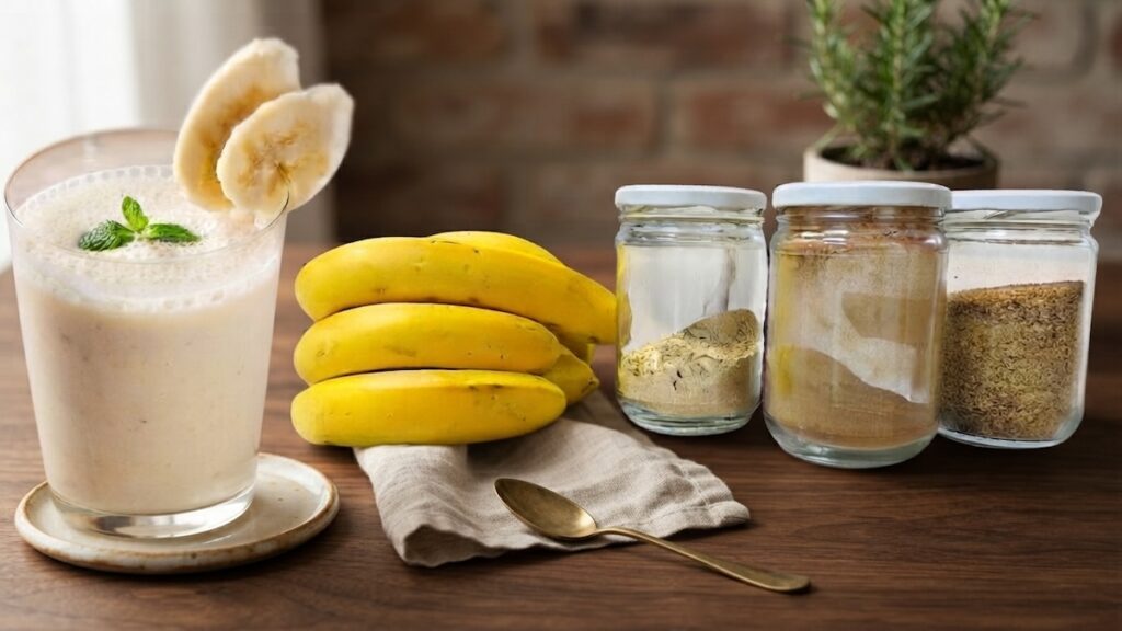 Copo com batida funcional de banana e maca peruana para aliviar os sintomas da menopausa.