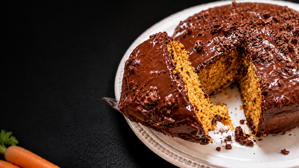 Bolo de cenoura de leiteira saudável com calda de chocolate por cima