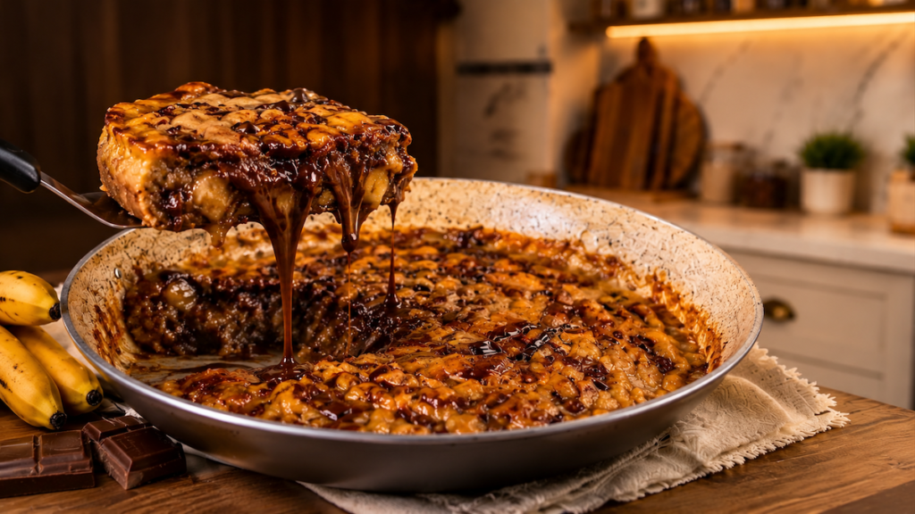 Doce de banana com chocolate 70% sendo preparado em uma frigideira sobre uma bancada de cozinha de madeira.