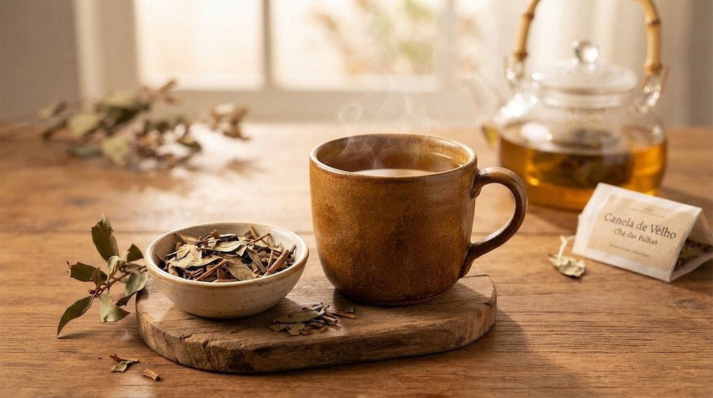 Xícara de chá de canela de velho ao lado de uma colher de madeira com folhas secas da erva.
