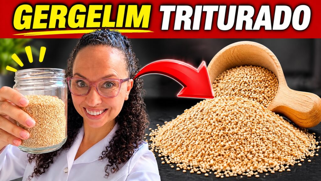 Nutricionista Vanessa Gaudiano mostrando gergelim triturado e explicando como consumir corretamente durante a menopausa e o climatério.