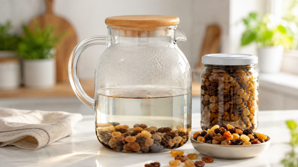 Água com uvas-passas preparada com 1 colher de sopa de uvas-passas e 500 ml de água
